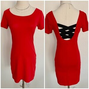 ❤️ NWOT Lipstick Red Elastic Strappy Back Tee T-Shirt Short Knit Sleeve Dress